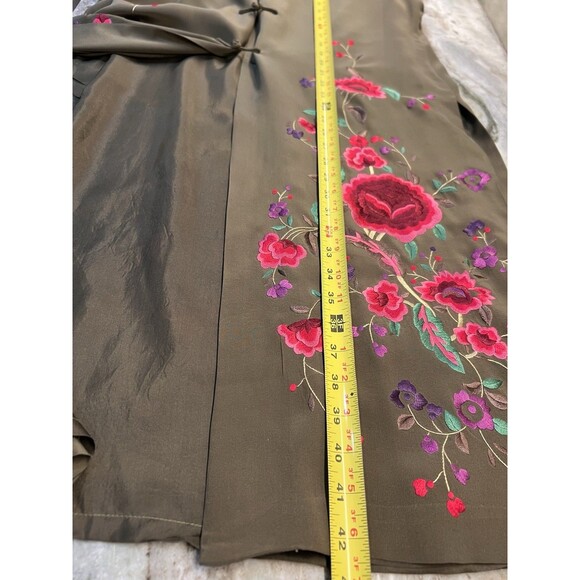 Sue Wong 100% Silk Olive Green Embroidered Flowers Kimono Duster Tunic Lined - Picture 12 of 13
